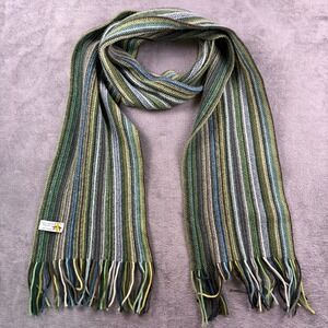 William Brunton Wool Scarf OS Green Blue Striped Hand Knit Made in Scotland